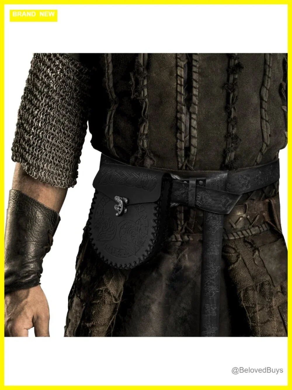 Medieval Embossed Faux Leather Belt with Nordic Pouch Set